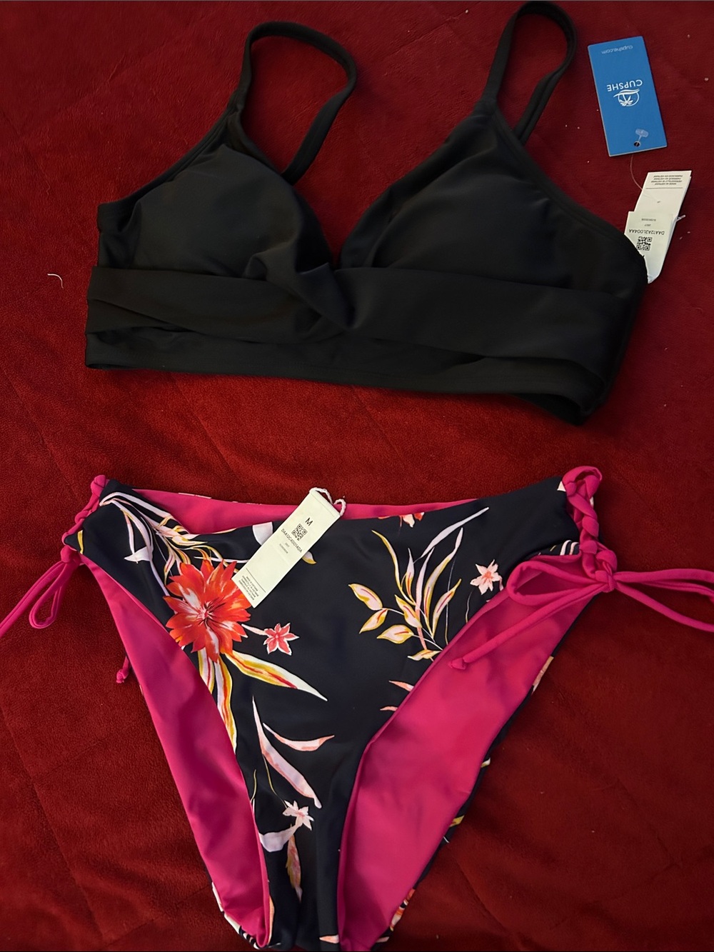 Black Bralette Bikini Top with Floral Navy & Pink Tie-Side Bottoms